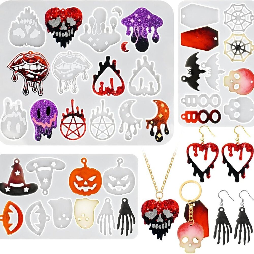 3 PCS Halloween Resin Earring Molds with Holes, Various Shapes Skull Bat Witch B